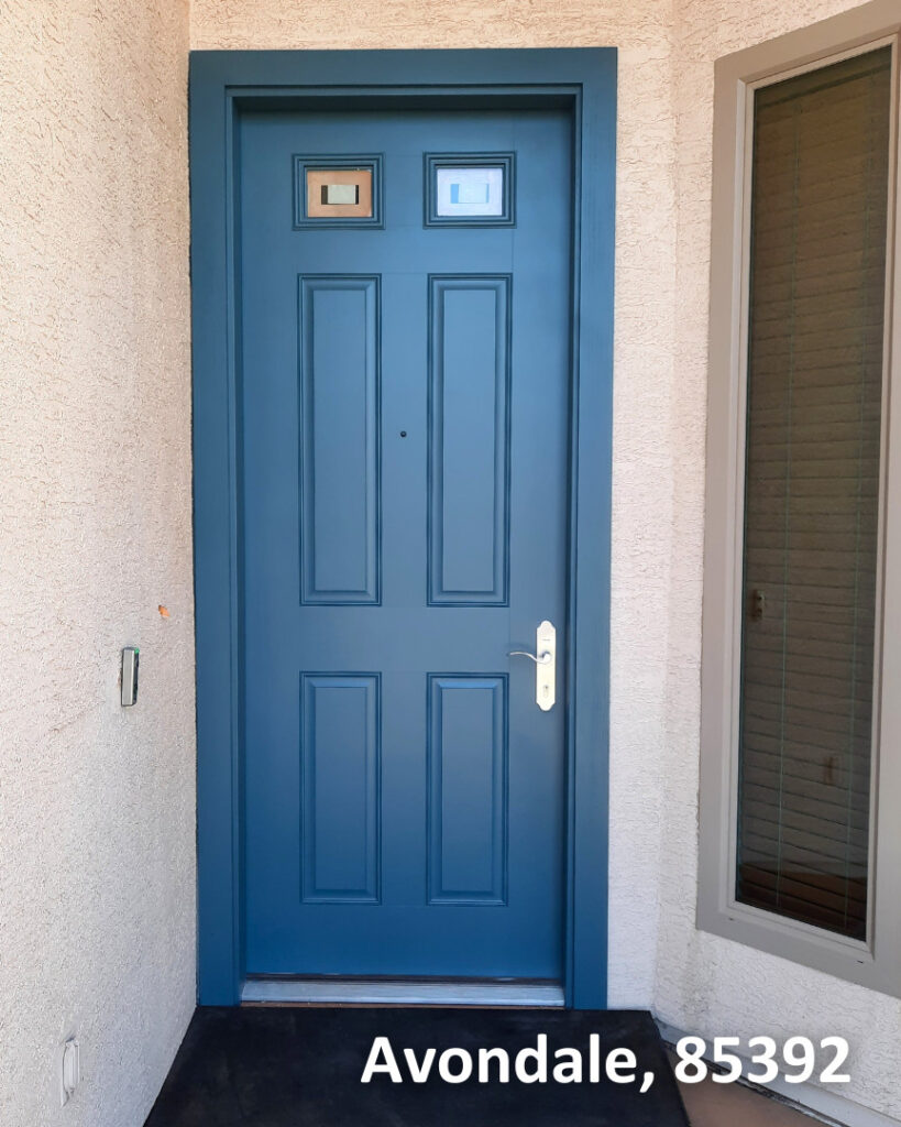 Blue Single Fiberglass Entry Door with Multi-Point Locking Hardware in Stucco Home in Avondale, AZ 85392